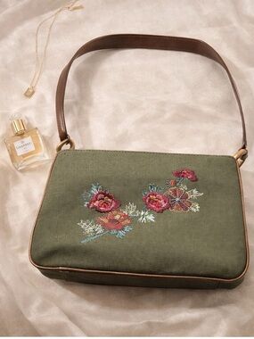 Relic Olive Green Floral Embroidered Shoulder Bag with Brown Strap